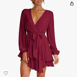 Like New- Worn Once! Burgundy Deep V-neck Long Sleeve Ruffle Dress